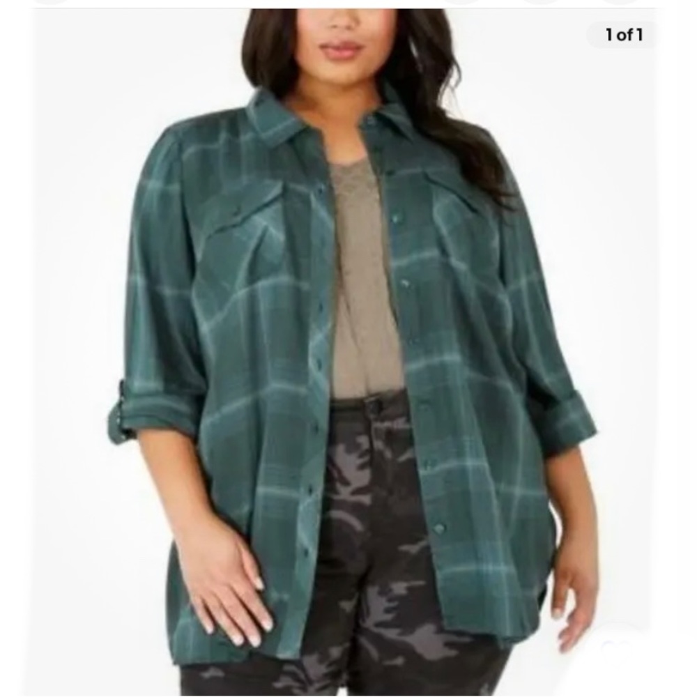 Style & Co Women's Plus Size Plaid Utility Shirt Green Size 3X